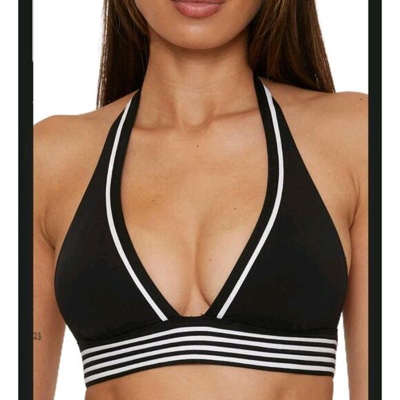 Trina Turk Monaco Pleated Navy Blue Striped Halter Bikini Swim Top Adjustable 16 - Picture 1 of 7